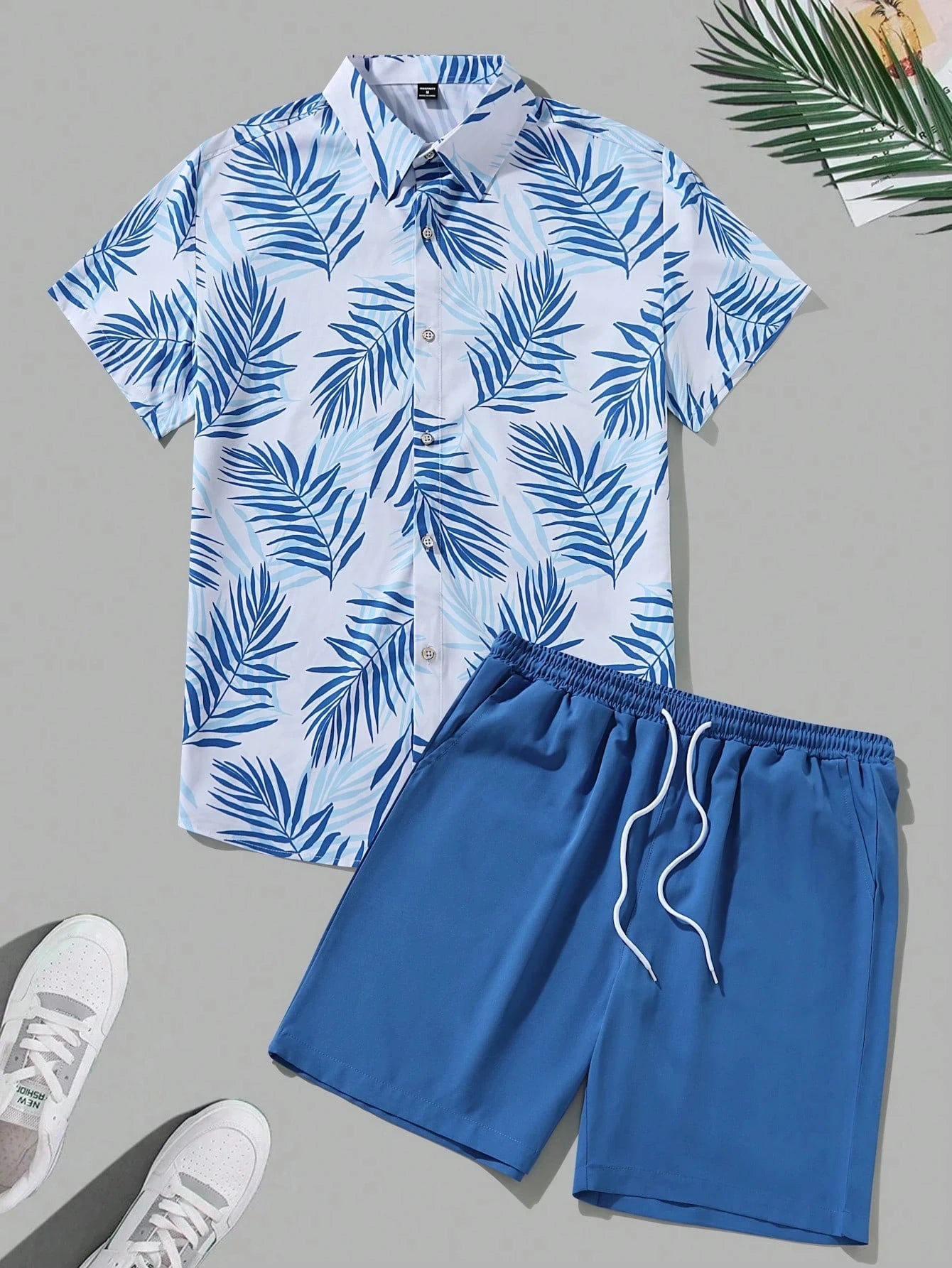 Summer Fashion Men's Suit Elegant Plant Printing Pattern Short-sleeved Lapel Shirt And Drawstring Shorts Leisure Two-piece Suit