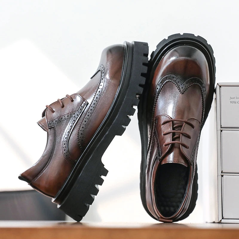 British Style Men's Block Shoes Thick Soled Durable for Office Interviews Formal Shoes Retro Brown Men's Shiny Leather Shoes