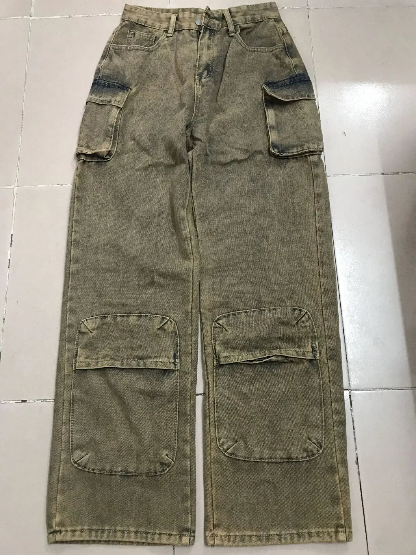 High Waist Tie Dye Denim Pants Women's Workwear Style Loose Fit Multi Pocket Trendy Street Fashion Long Trousers