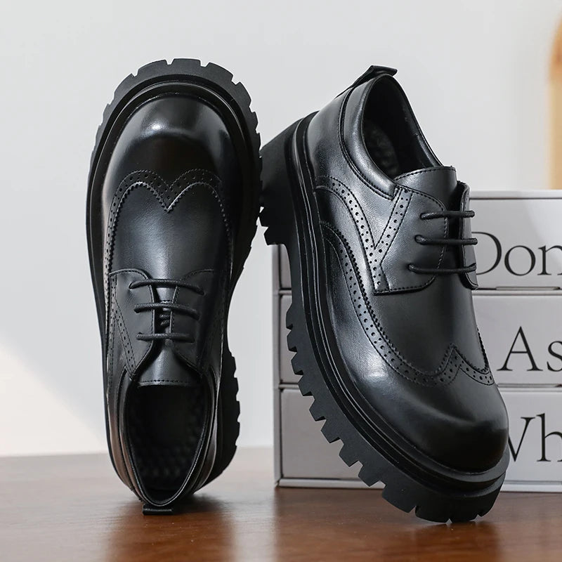 British Style Men's Block Shoes Thick Soled Durable for Office Interviews Formal Shoes Retro Brown Men's Shiny Leather Shoes