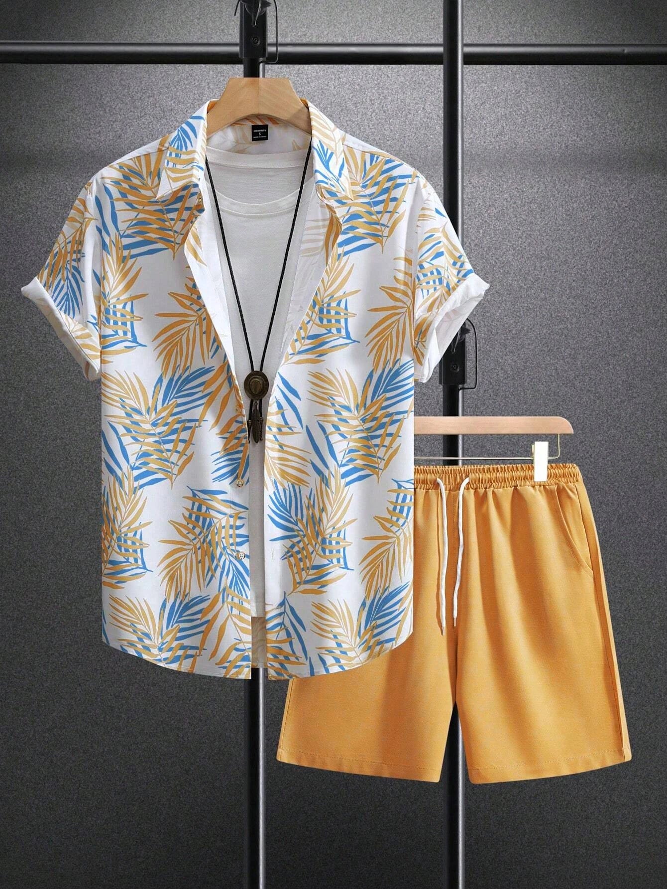 Summer Fashion Men's Suit Elegant Plant Printing Pattern Short-sleeved Lapel Shirt And Drawstring Shorts Leisure Two-piece Suit