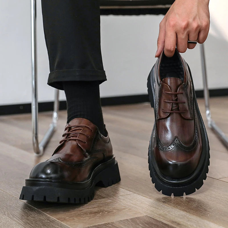 British Style Men's Block Shoes Thick Soled Durable for Office Interviews Formal Shoes Retro Brown Men's Shiny Leather Shoes