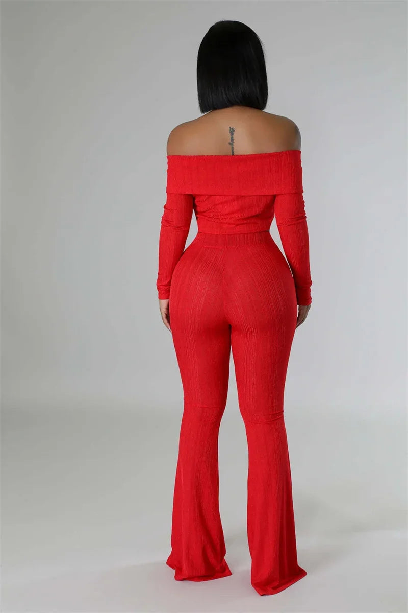 Sexy Knitted Two Piece Set for Women Birthday Outfits Off Shoulder Slash Neck Crop Top and Flare Pants Set Conjuntos Femininos
