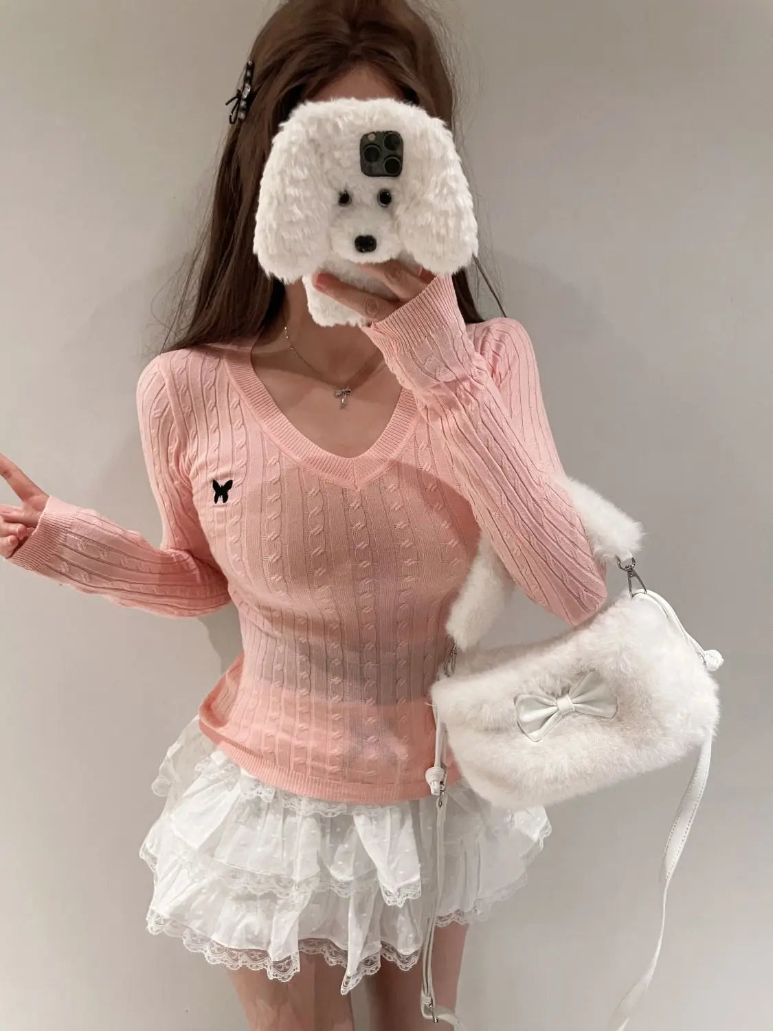 Casual V Neck White Pullovers Women Sweaters Autumn Winter Basic Long Sleeve Y2k Clothes Korean Pink Grey Ladies Tops Jumpers