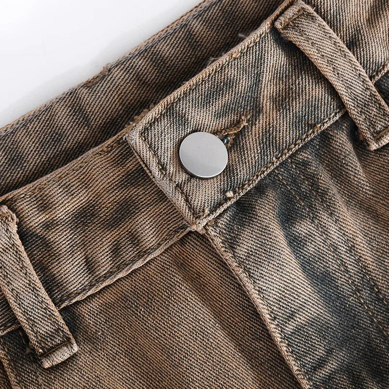 High Waist Tie Dye Denim Pants Women's Workwear Style Loose Fit Multi Pocket Trendy Street Fashion Long Trousers