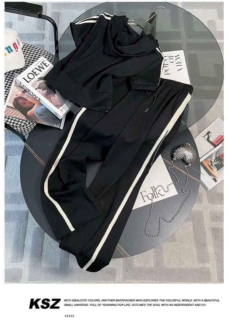 Korean Style Women's Sportswear Summer 2024 Trendy Age-Reducing Slimming Elegant Short Sleeves Hooded Top 2-Piece Set