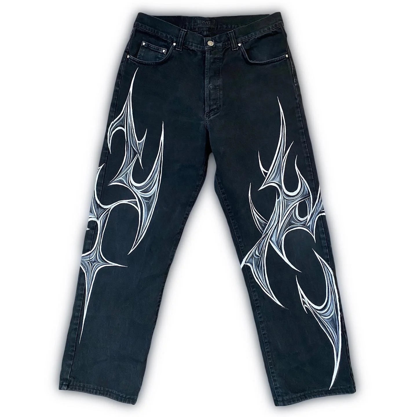 Vintage Mens Baggy Black Jeans Summer Gothic Cross Graffiti Straight Denim Pants High Street Women Casual Wide Leg Trousers