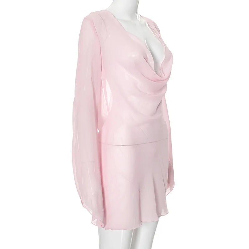 Sexy Deep V-Neck Nightgown Trendy Pink Backless Flare sleeve Sheer Mini Dress Women's Sensual Clothing Sleepwear Loungewear Pjs