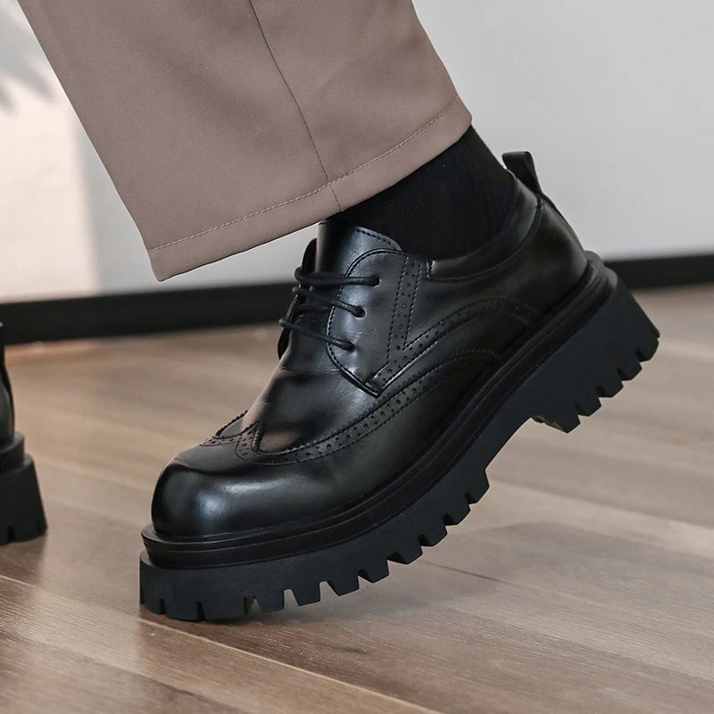 British Style Men's Block Shoes Thick Soled Durable for Office Interviews Formal Shoes Retro Brown Men's Shiny Leather Shoes