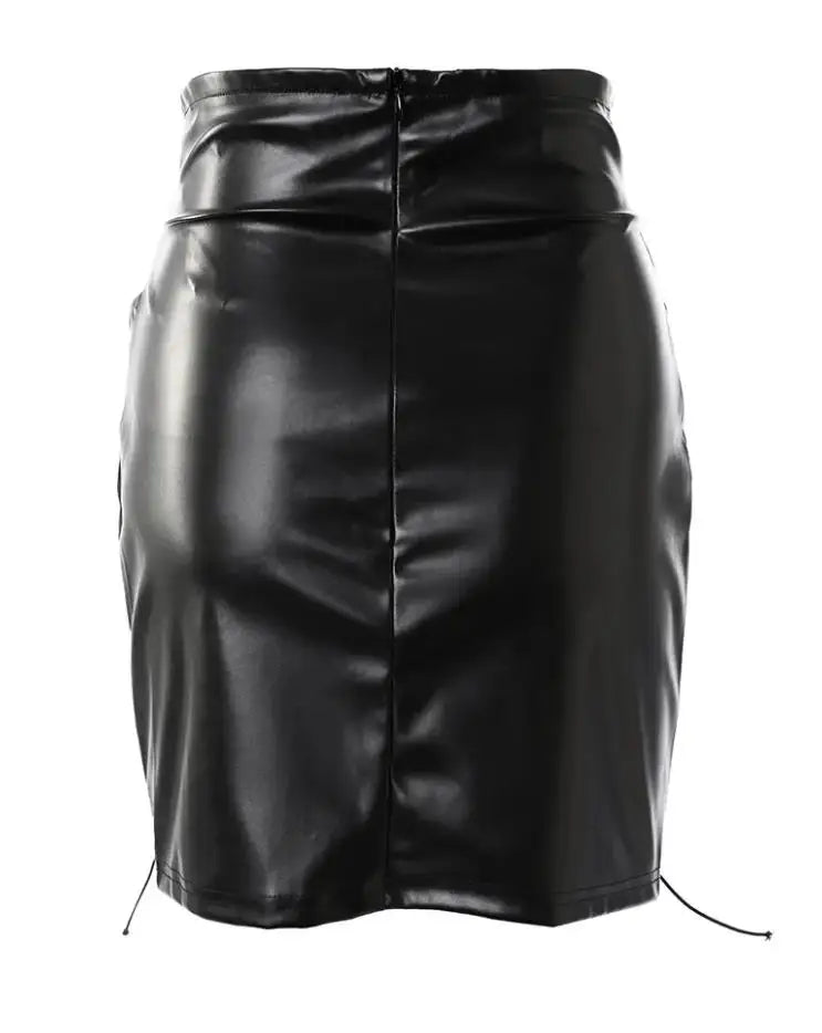 Lace-Up PU Leather Skirt for Woman 2023 New Fashion High Waist Sexy Eyelet Skinny Solid Color Bodycon Mini Skirts Night Out