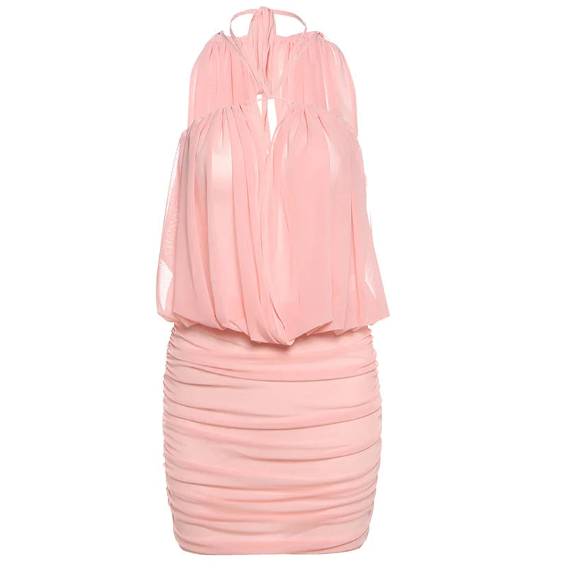 Weird Puss Sexy Mesh Dress Women Elegant Backless Ruched Draping Summer Strapless Summer Beach Vacation Midnight Party Bodycon