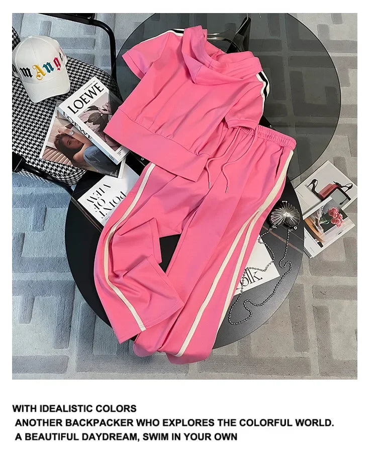 Korean Style Women's Sportswear Summer 2024 Trendy Age-Reducing Slimming Elegant Short Sleeves Hooded Top 2-Piece Set