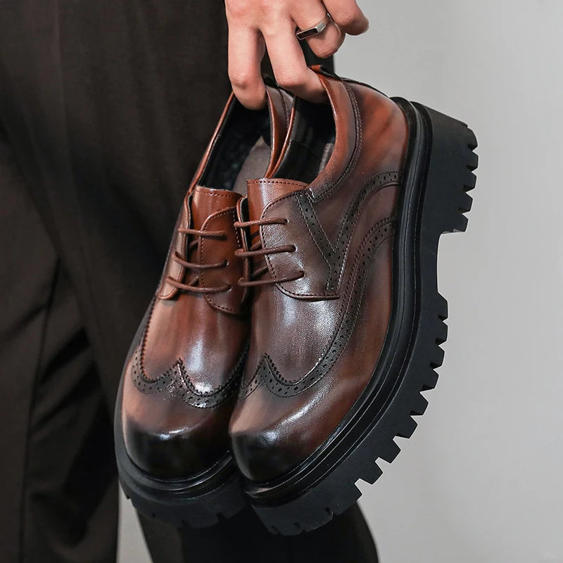 British Style Men's Block Shoes Thick Soled Durable for Office Interviews Formal Shoes Retro Brown Men's Shiny Leather Shoes