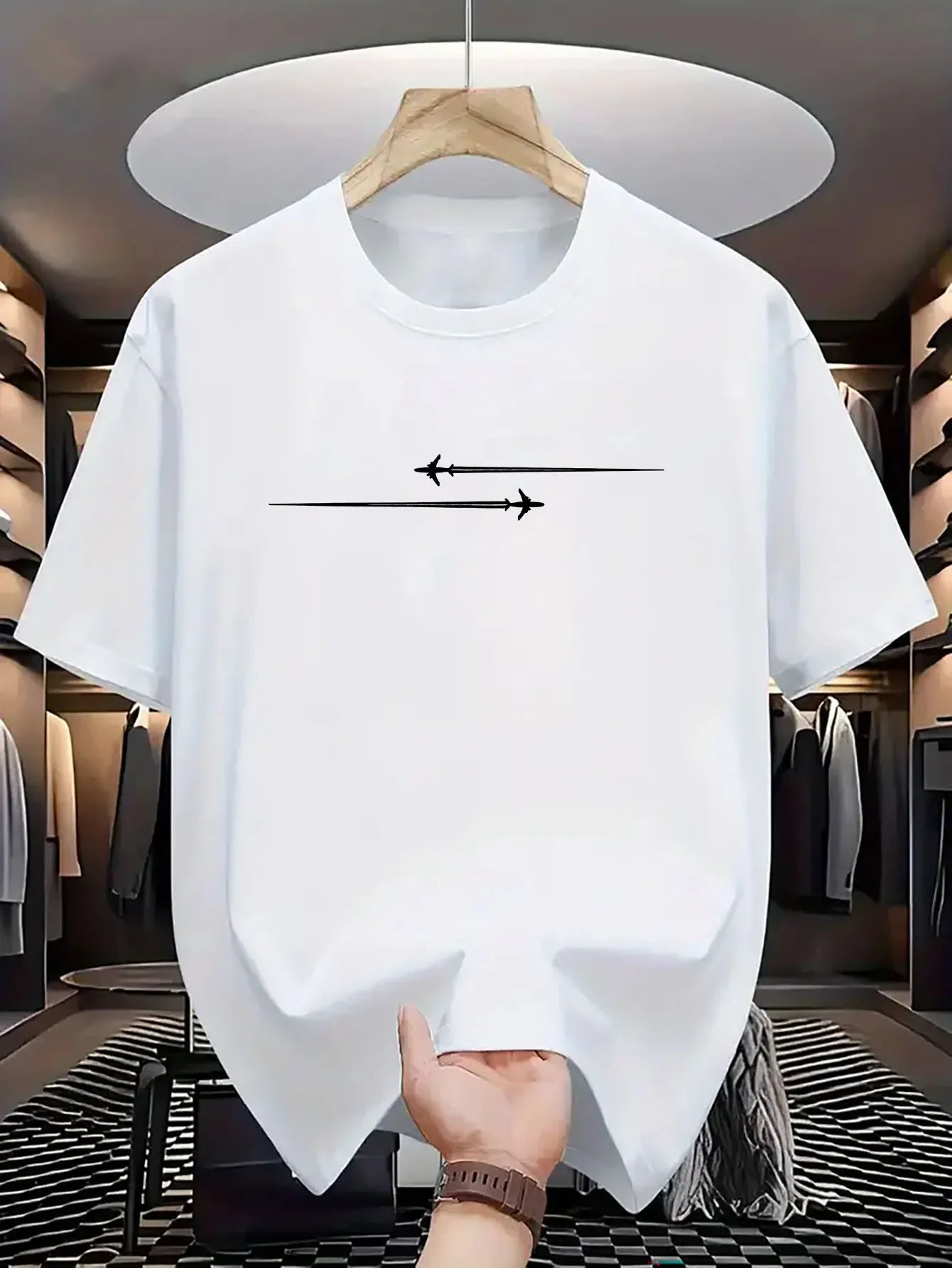 Summer Men's Casual Large Creative Aircraft Pattern Printing Comfortable Sports Round Neck Short Sleeve T-shirt