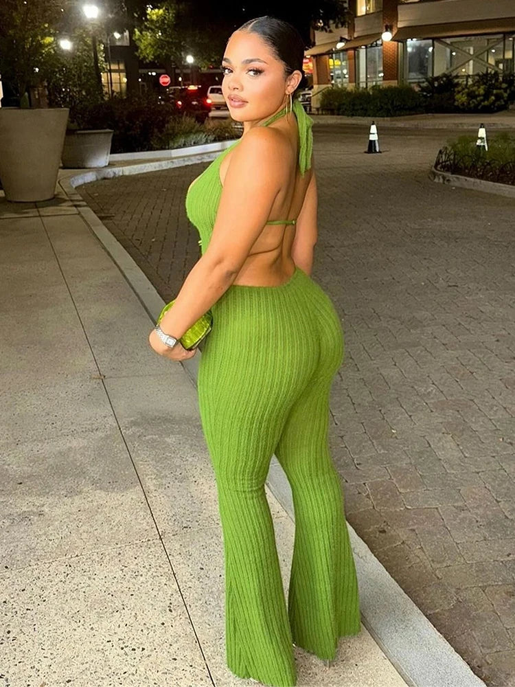 Weird Puss Backless Jumpsuit Women Low-Neck Sleeveless Skinny Stretch Halter Fitness Knit Clubwear Sexy Summer Trend Soft Outfit