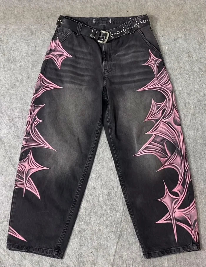 Vintage Mens Baggy Black Jeans Summer Gothic Cross Graffiti Straight Denim Pants High Street Women Casual Wide Leg Trousers