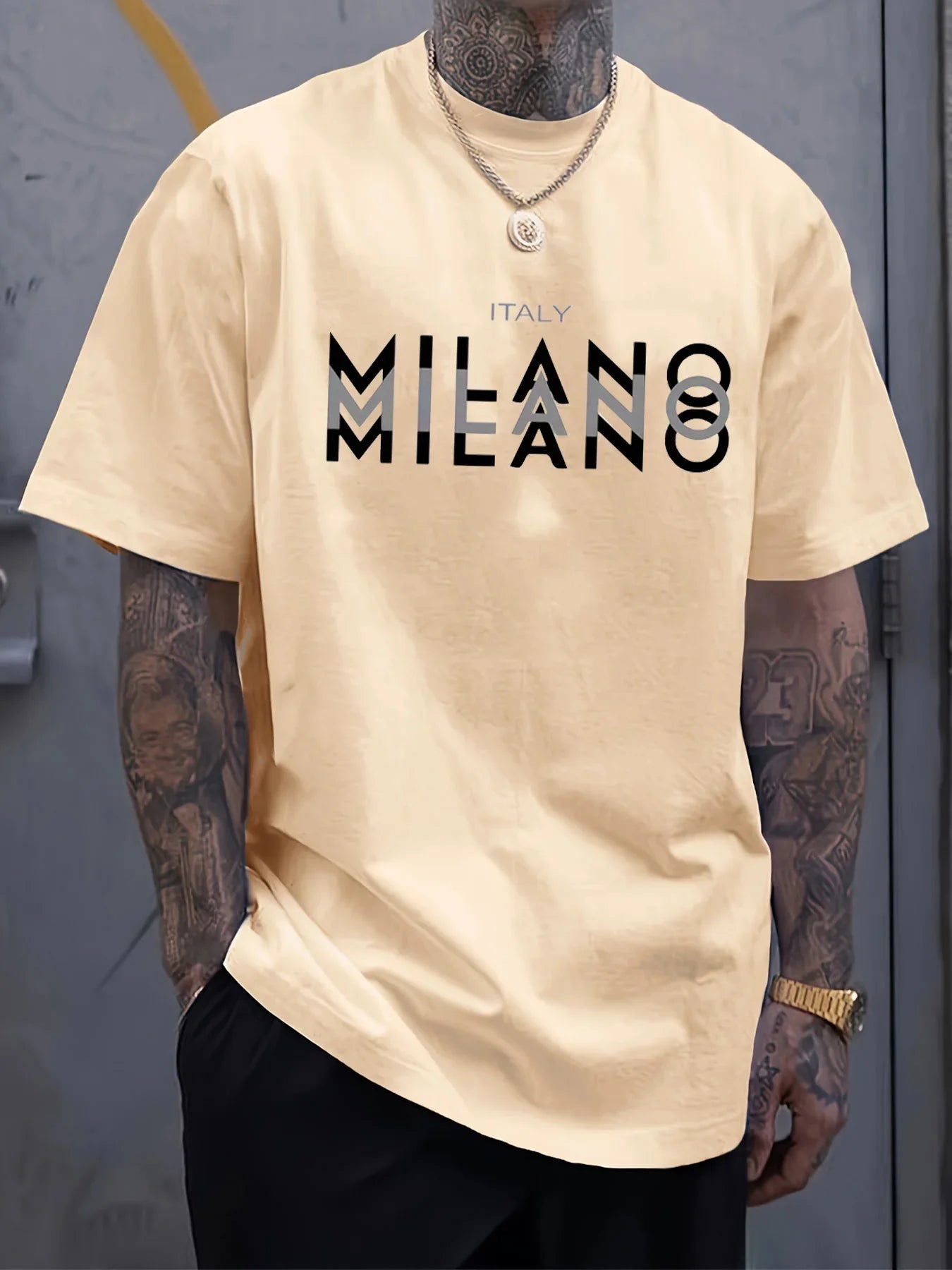 Summer men's comfortable round neck short-sleeved casual T-shirt Italian Milan print pattern