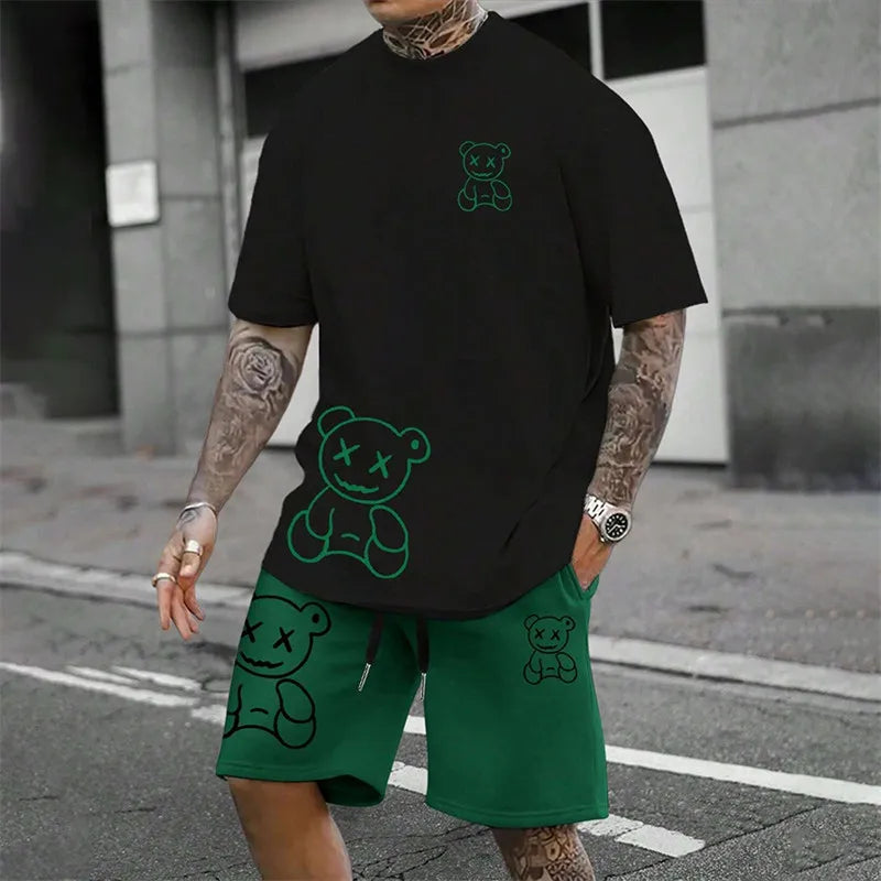 2024 Harajuku fun summer Men's T-shirt casual Daily couple Outdoor street suit Short sleeve shorts two-piece set