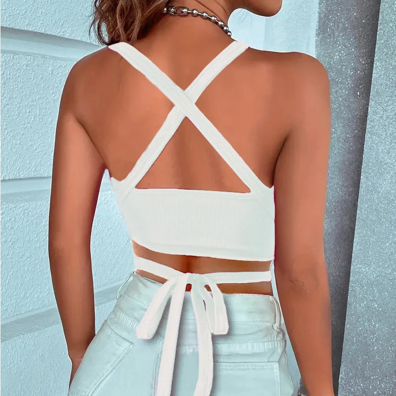 Summer Crop Tops Womens Sleeveless Sexy Bandage T Shirt Top Fashion Red Lace Up Backless Tank Top Tumblr Ladies Vest Y2K Clothes