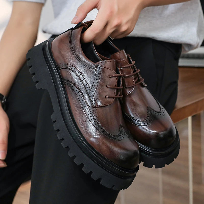 British Style Men's Block Shoes Thick Soled Durable for Office Interviews Formal Shoes Retro Brown Men's Shiny Leather Shoes