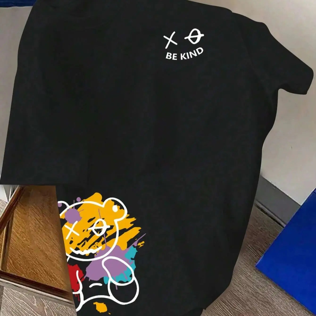 Men's 100% pure cotton summer loose size BE KIND letter cartoon print casual comfortable round neck short sleeved T-shirt top