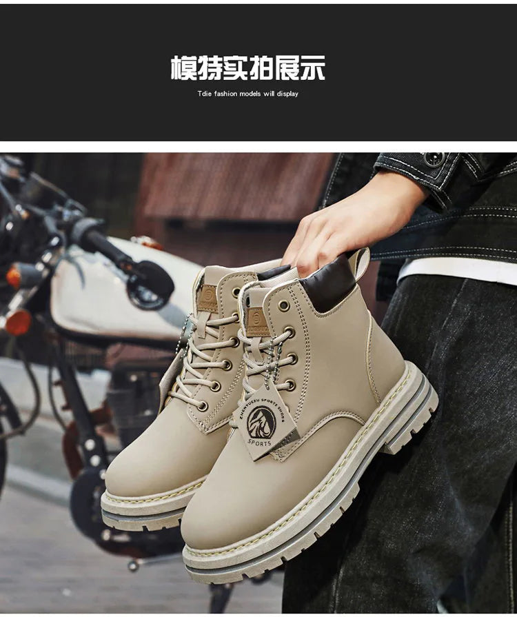 High Top Boots Men's Leather Shoes Fashion Motorcycle Men's Ankle Boots Winter Boot Lace Up Botas Hombre Cowboy Boots