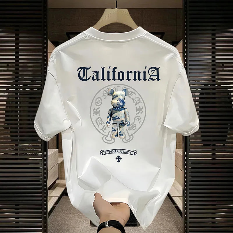 Fashion brand violent bear print t-shirt men's 2025 summer new American loose casual 100% cotton breathable t-shirt street wear