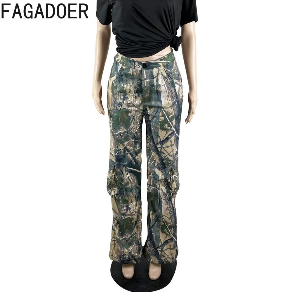 FAGADOER Casual Camouflage Cargo Pants Fashion Y2K Street Wide Leg Pants Women High Waisted Button Pocket Trousers Bottoms 2023