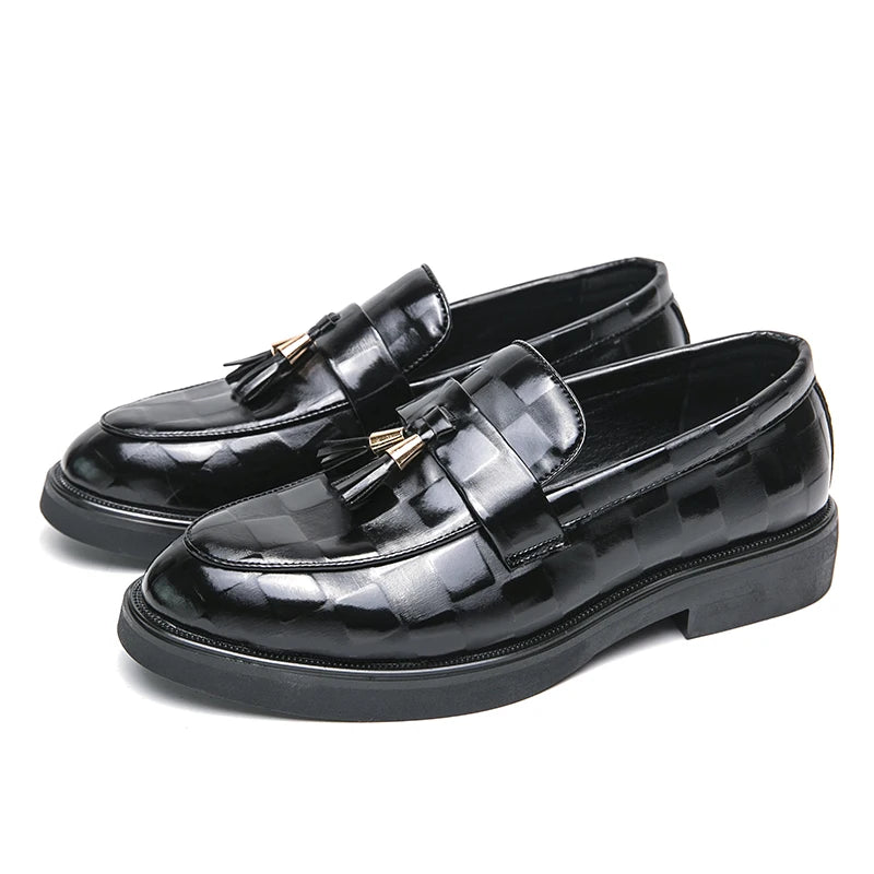 Fashion Business Chequer Loafers Men's Slip-On Brown Office Moccasins Male Dress Shoes Career Black Leather Shoes Plus Size38-47