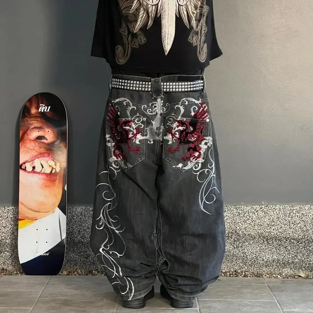 European and American oversized pocket washed wide leg straight leg jeans men's y2k Harajuku high street denim wide leg pants