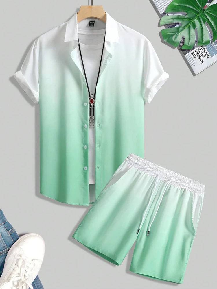 Coconut Tree Print Men's Shirt Gradient Short Sleeve And Beach Shorts Sets Summer Casual Loose Shirts Hawaiian Style Man Outfit