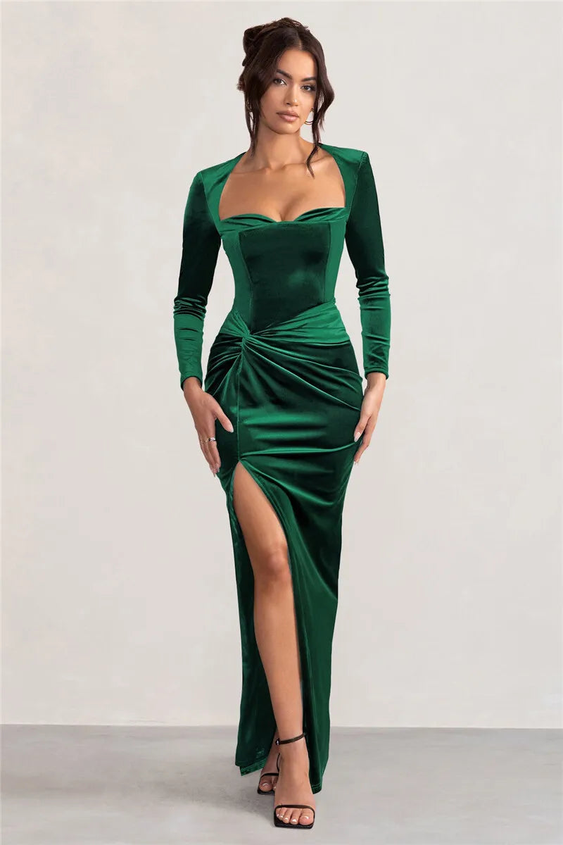 Mozision Square Collar Long Sleeve Sexy Maxi Dress For Women Velvet Fashion Ruched Split Bodycon Club Party Elegant Long Dress