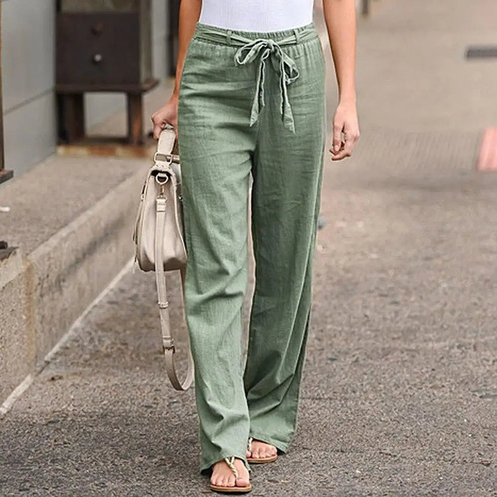 Women Casual Long Pants Print Lace Up Elastic Waist Pant Straight Spliced Pockets Lady Streetwear Elegant Lady Summer 2025