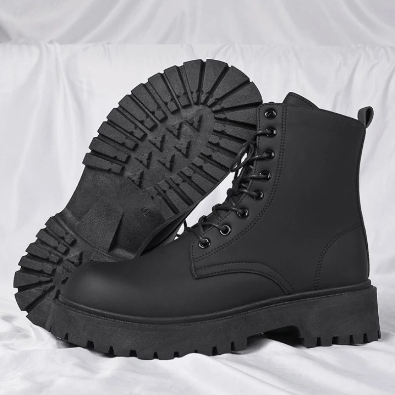Men's Boots High Top Leather Boots British Style Black Ankle Boots Platform Lace Up Motorcycle Boot Couple Outdoor Casual Shoes
