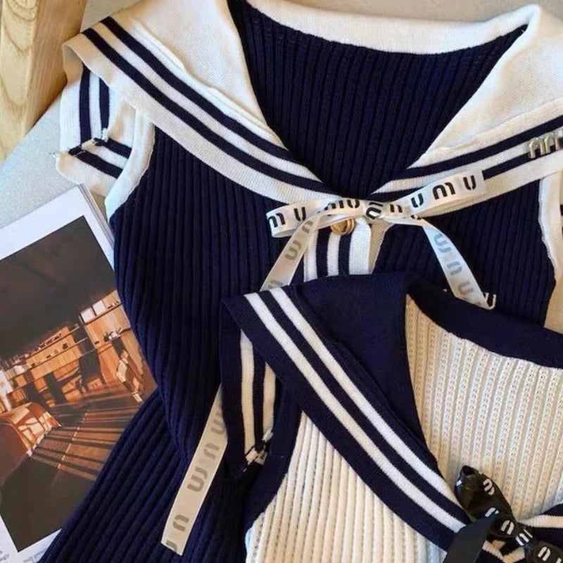 Summer Letter Embroidered Knitting Tank Top Women Clothes Preppy Style Lacing Patchwork Sailor Collar Sleeveless Pullovers Tops