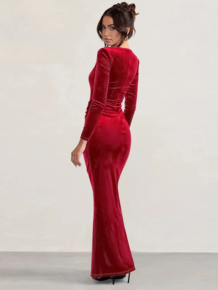 Trendix Velvet Elegant Evening Dress For Women Square Collar Long Sleeve Sexy Maxi Dresses Party Solid Slim Side Slit Dress 2025