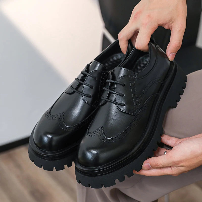 British Style Men's Block Shoes Thick Soled Durable for Office Interviews Formal Shoes Retro Brown Men's Shiny Leather Shoes