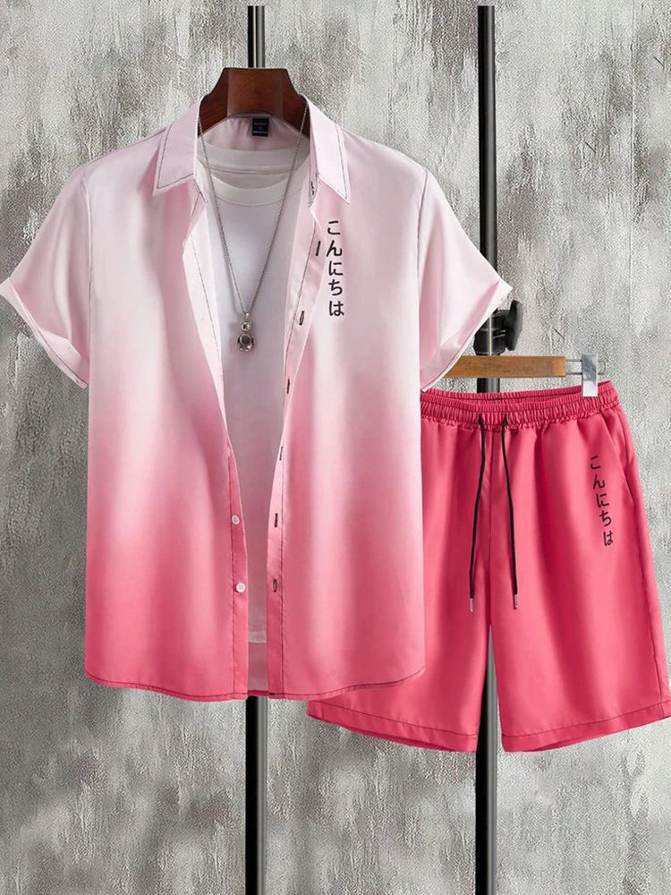 Coconut Tree Print Men's Shirt Gradient Short Sleeve And Beach Shorts Sets Summer Casual Loose Shirts Hawaiian Style Man Outfit