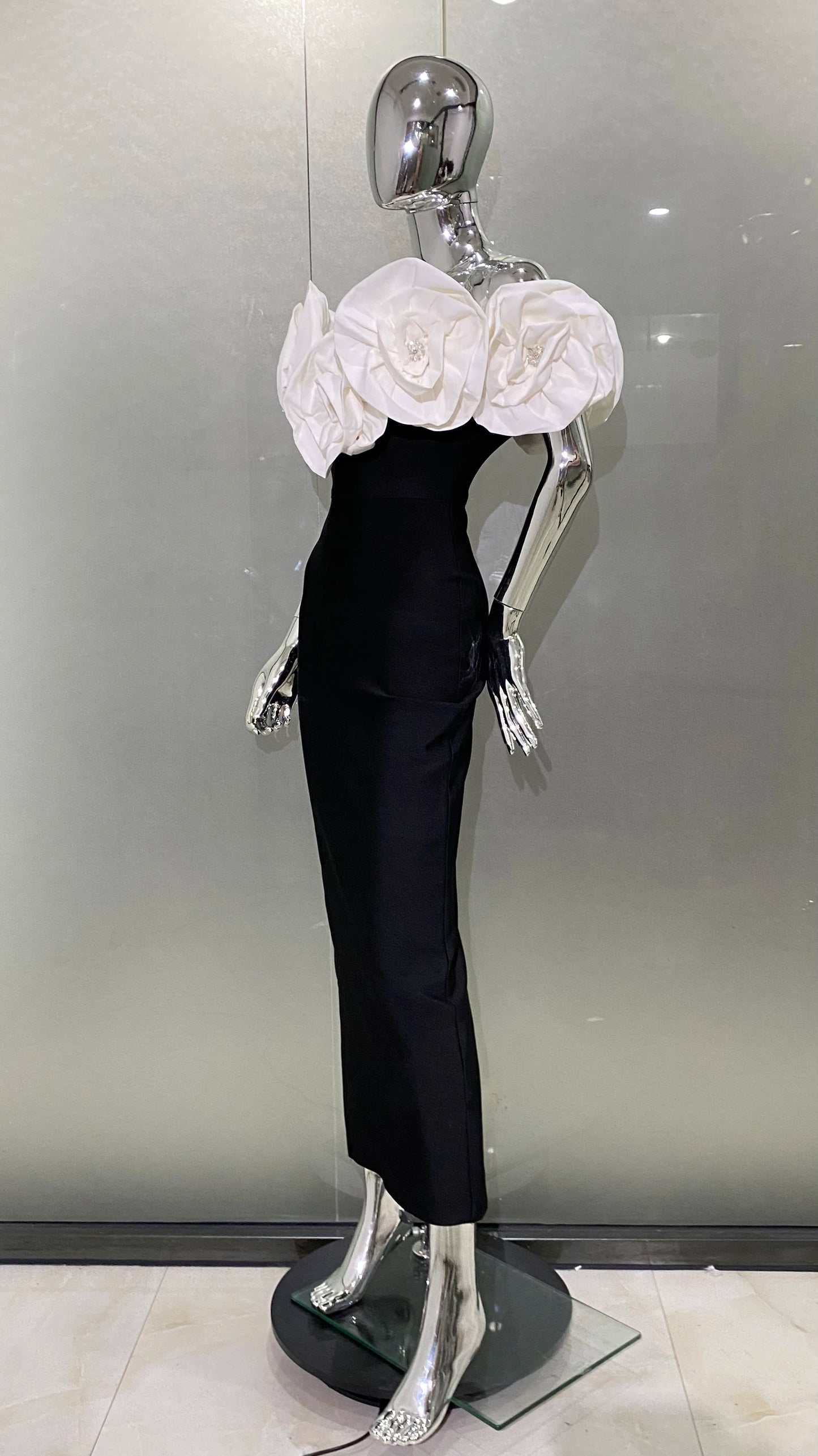 3 Colors Stereoscopic Flowers Sexy Off The Shoulder Ankle Lenght Bandage Dress Woman Birthday Party Vestido Wedding Party Outfit