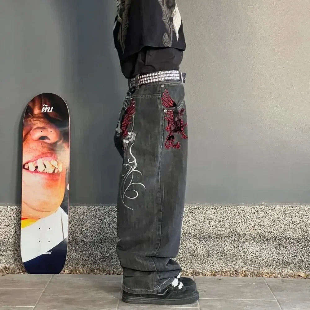 Streetwear Y2K Gothic Denim Trousers Harajuku Punk Dinosaur Embroidery Washed Jeans Hip Hop Wide Leg Oversized Jeans Mens Womens