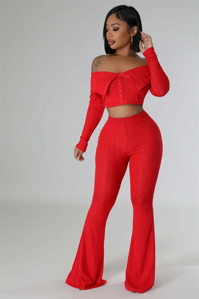 Sexy Knitted Two Piece Set for Women Birthday Outfits Off Shoulder Slash Neck Crop Top and Flare Pants Set Conjuntos Femininos
