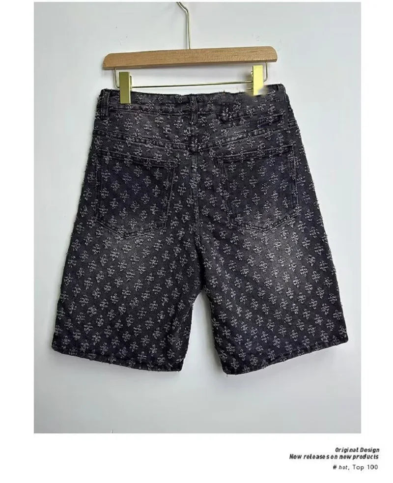 Fashion Casual Summer Light Blue Distressed Men Denim Shorts Smart Straight Leg Loosen Male High Street Niche Design Tide Shorts