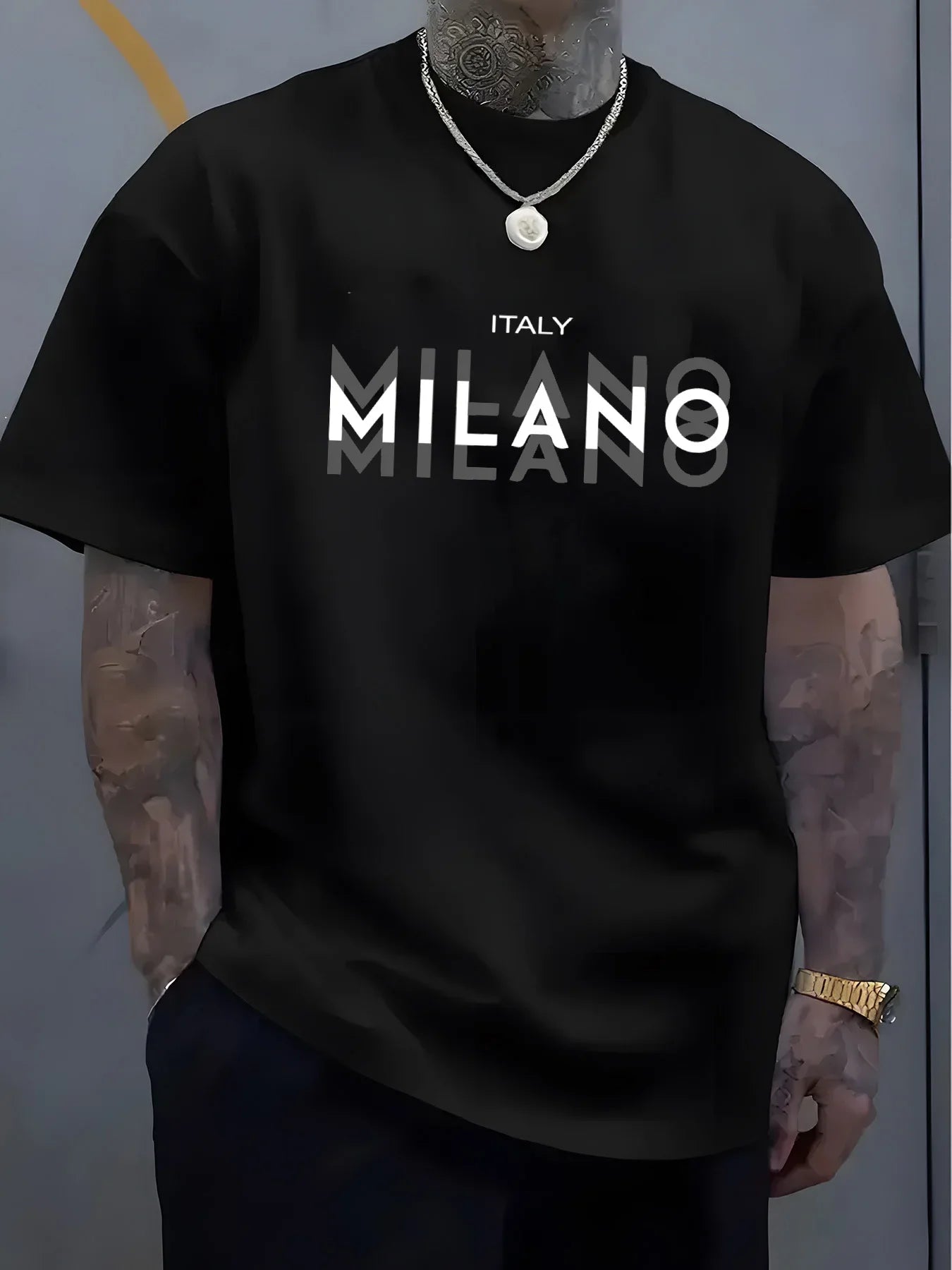 Summer men's comfortable round neck short-sleeved casual T-shirt Italian Milan print pattern
