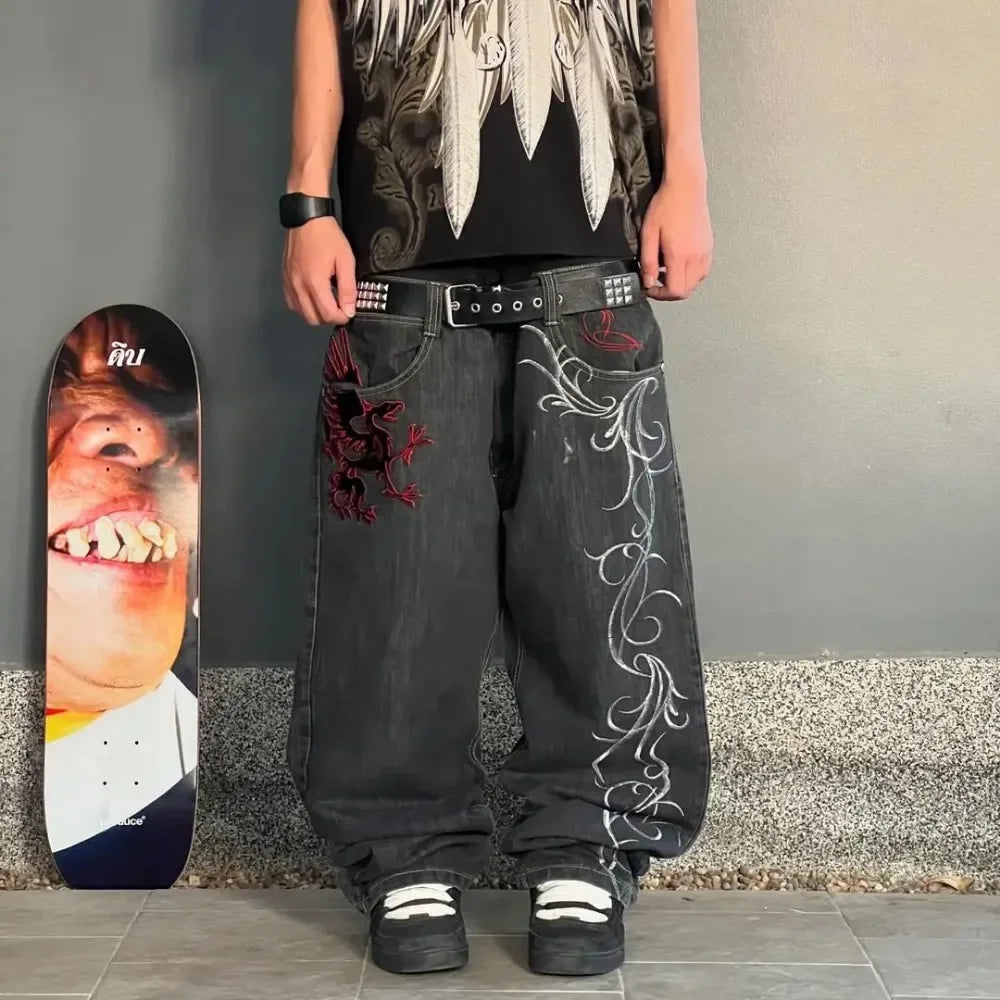 Streetwear Y2K Gothic Denim Trousers Harajuku Punk Dinosaur Embroidery Washed Jeans Hip Hop Wide Leg Oversized Jeans Mens Womens