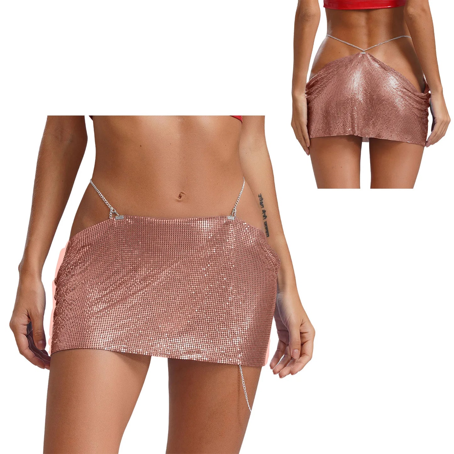 Women Sparkly Sequins Mini Skirt Low Waist Metal Chains Waistband Glitter Skirts Sexy Miniskirt Nightclub Rave Party Clubwear