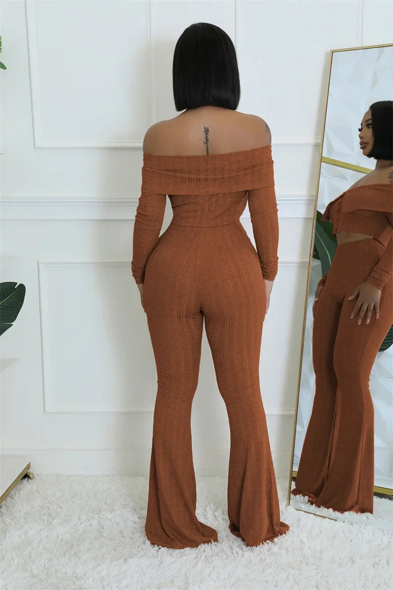 Sexy Knitted Two Piece Set for Women Birthday Outfits Off Shoulder Slash Neck Crop Top and Flare Pants Set Conjuntos Femininos