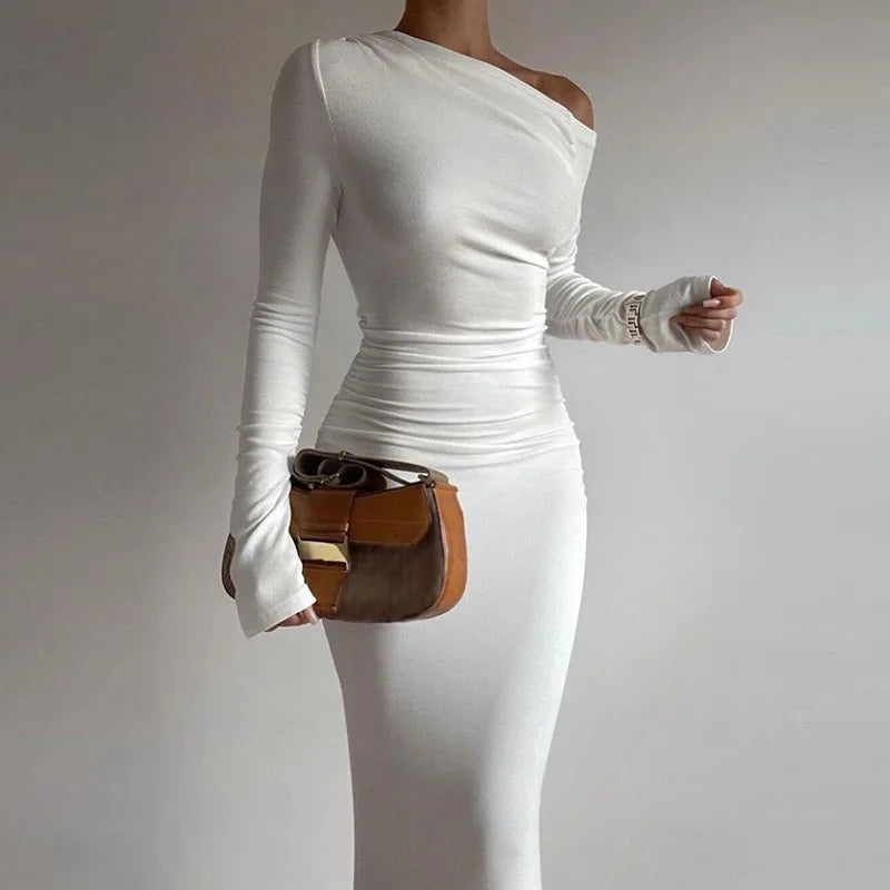 TARUXY White Skew Collar Long Sleeve Maxi Dress For Women 2024 Autumn Winter New Bodycon Elegant Party Dress Female High Waist