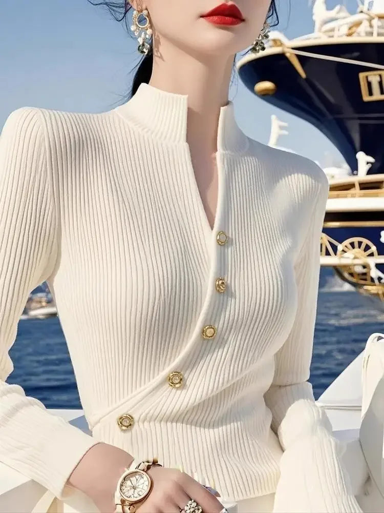 Temperament Chic Autumn Winter Women Solid Mock Neck Button Fashion Elegant Long Sleeve Pullovers Slim Bottoming Shirt Knit Tops