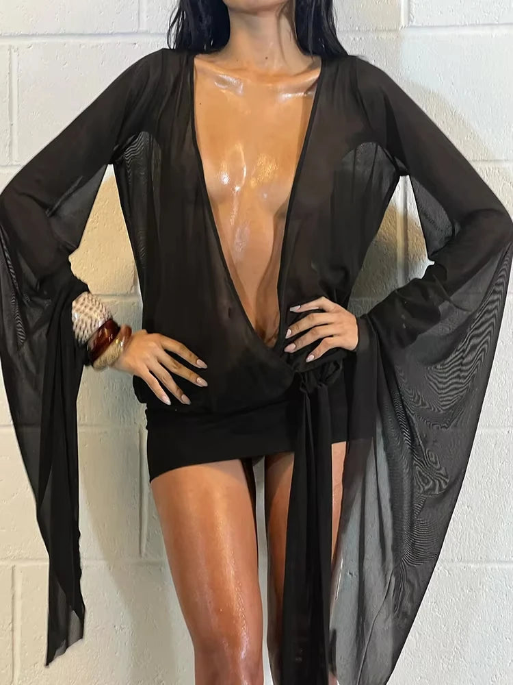 Irregular Women Mini Dress Sexy See Through Chic Long Sleeve Deep Low Neck Bandage Slim Vestidos Mujer Coquette Frock