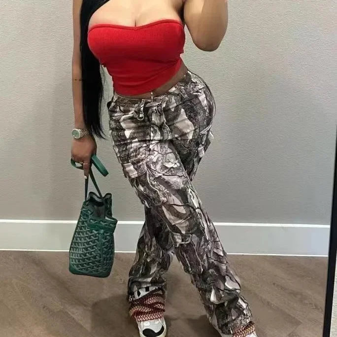 Summer Outfits y2k Clothes Streetwear Print Pants For Women Gray Casual Trousers Baggy High Waist Wide Leg Pants Trousers